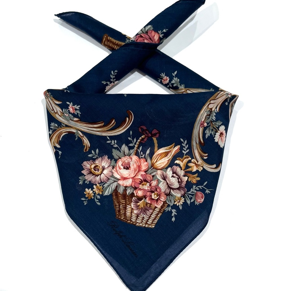 Handkerchief VTG Ralph Lauren Mini Scarf Women Art Floral Navy Blue Cotton 18”
